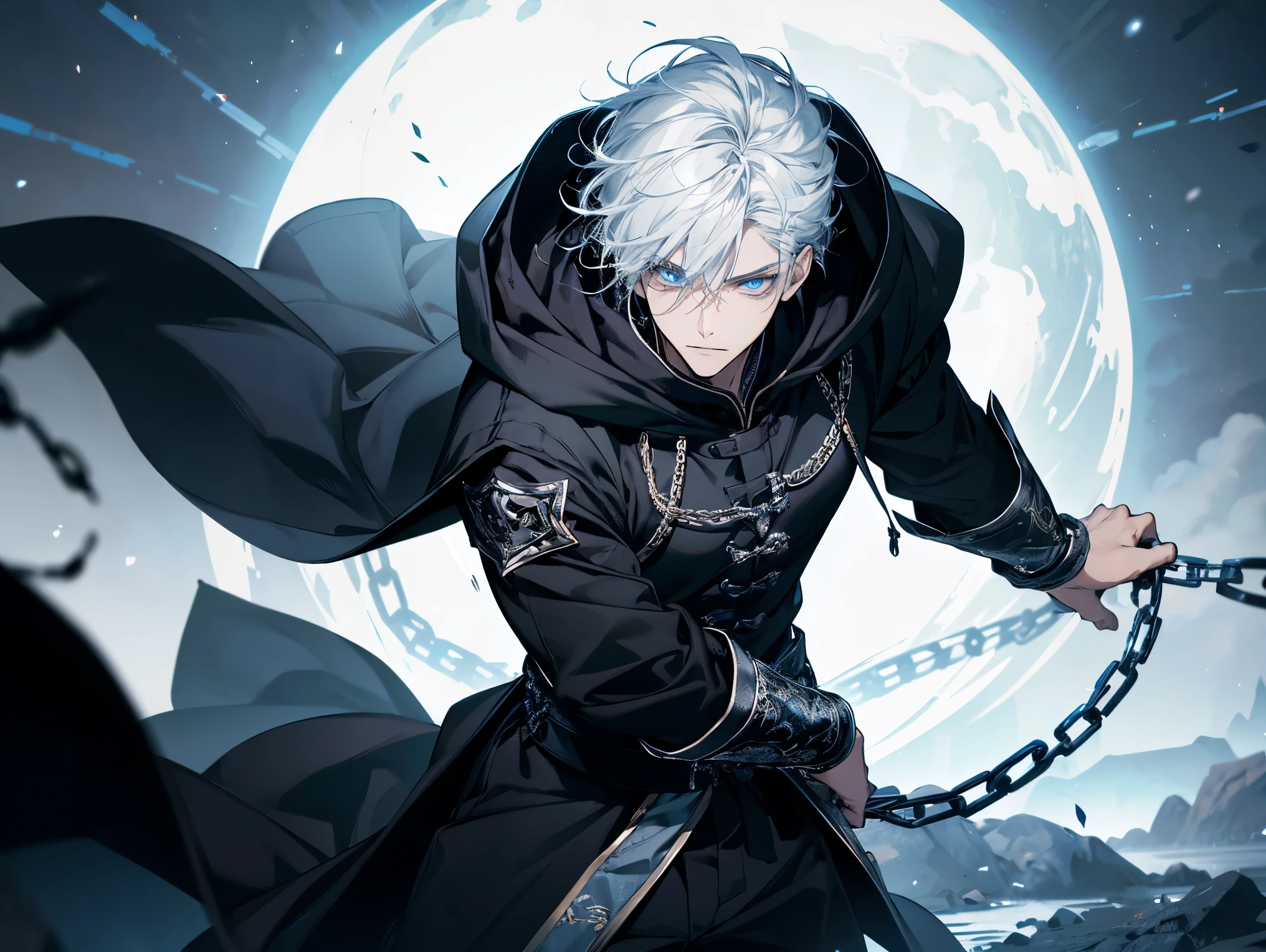 1 male, teacher, wearing a black robe, wearing a hood, rolled up sleeves, black long pants, white hair, long hair, face to detail, detailed eyes, blue eyes, hood, the background is space in china. In a fighting position. Silver chains everywhere. Holding a sword standing.