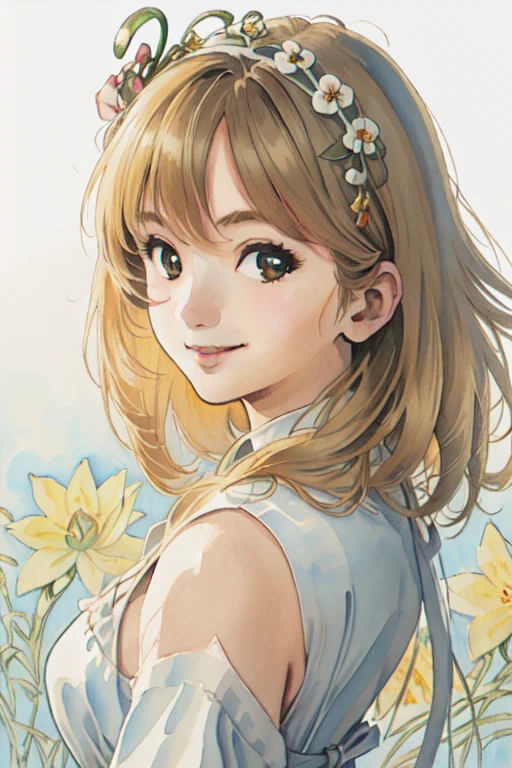 masterpiece, highest quality, divine quality, godlike art, Art Nouveau watercolors, highly detailed face, very realistic, cute, 1 girl,alone,looking at the viewer,Smile Lynn Minmei, white dress, Nice views , flower-like_background, Intricate designs and patterns in the style of Alphonse Mucha.from below