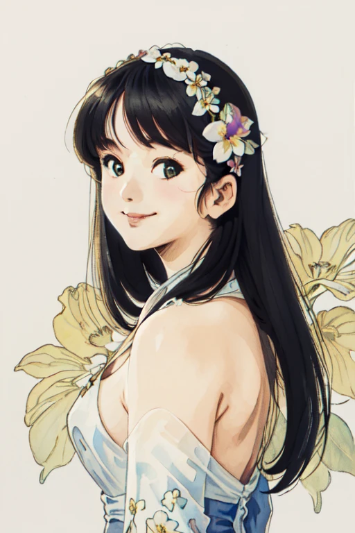 masterpiece, highest quality, divine quality, godlike art, Art Nouveau watercolors, highly detailed face, very realistic, cute, 1 girl,alone,looking at the viewer,Smile Lynn Minmei, white dress, Nice views , flower-like_background, Intricate designs and patterns in the style of Alphonse Mucha.from below