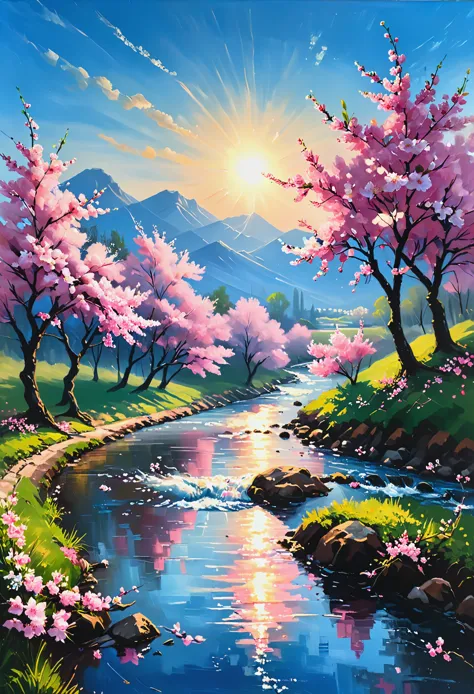 oil painting, Cherry blossoms, Sky (blue), Flowers (pink), Natural scenery, Fresh and clean, Cherry blossom tree, stream, Springtime, Beautiful landscape, Sunlight, Warm atmosphere, very detailed