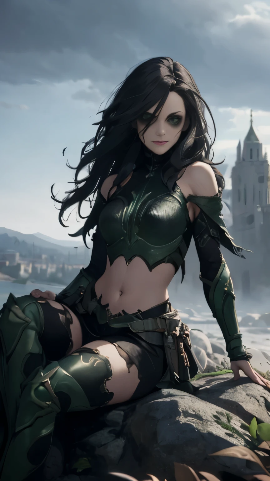 (Highly quality, masterpiece, detailed), undead city detailed scenario, undead city detailed background, 1girl, black hair, long hair, armor, bare shoulders, green eyes, crop top, silme, navel, sitting on a rock, perfect face, beautiful eyes, look at the viewer, Sexy pose