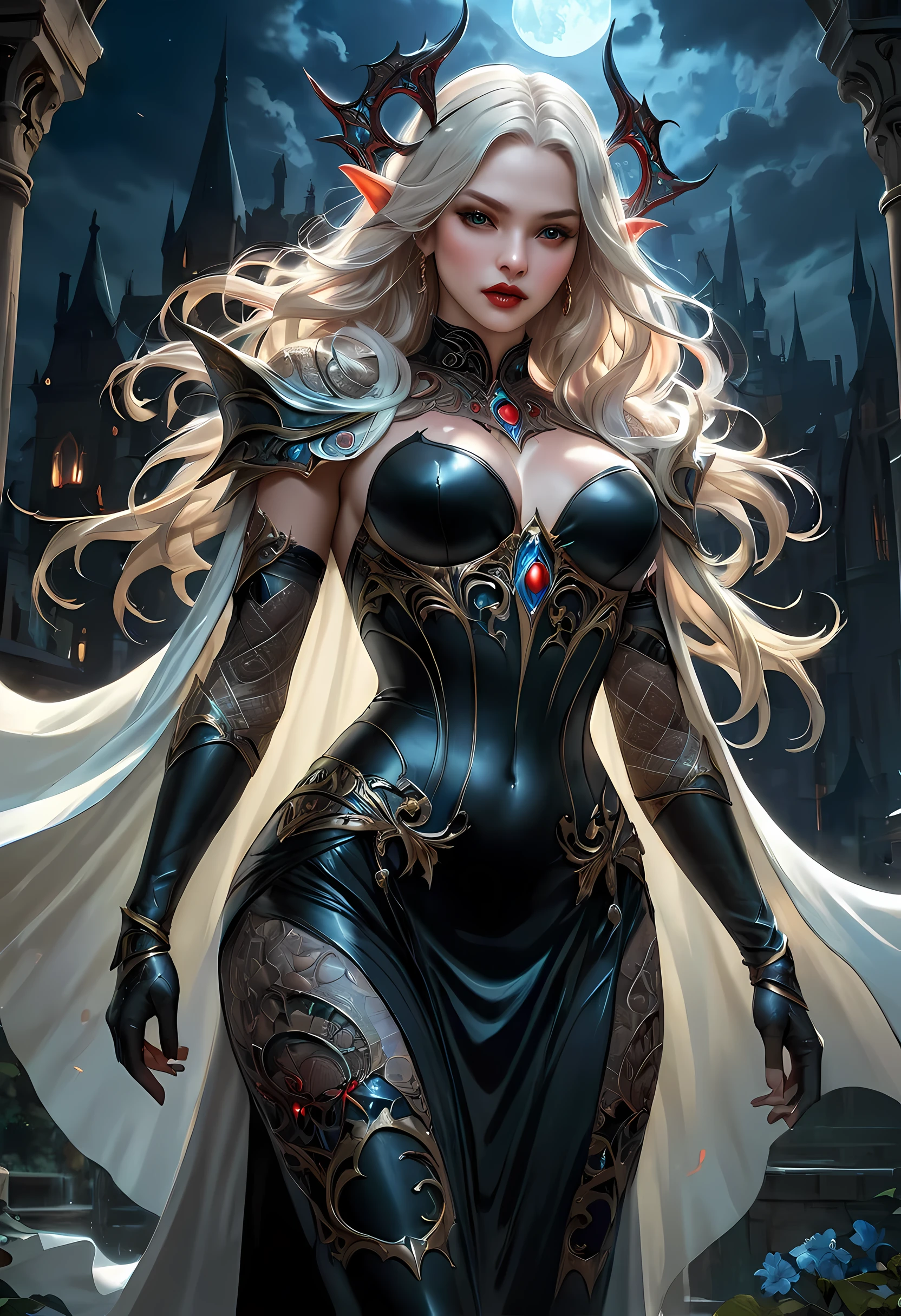 fantasy art, gothic art, (masterpiece:1.5), full body best details, highly detailed, best quality, Glowing blue, highres, full body portrait of a vampire, elf (Masterpiece, best quality: 1.6), ultra feminine, wizard, (intricate details, Masterpiece, best quality: 1.5) with a long curvy hair, light color hair, (blue:1.3) eyes, (fantasy art, Masterpiece, best quality), ((beautiful delicate face)), Ultra Detailed Face (intricate details, fantasy art, Masterpiece, best quality: 1.5), [[vampiric fangs 1.5]] (white cloak: 1.3) , flowing cloak (intricate details, fantasy art, Masterpiece, best quality: 1.3), wearing an intricate (black: 1.2) dress (intricate details, fantasy art, Masterpiece, best quality: 1.5), high heeled boots, urban background (intense details, beat details), fantasy, at night light, natural ,moon light, clouds, gothic atmosphere, soft light, dynamic light, [[anatomically correct]], high details, best quality, 8k, [ultra detailed], masterpiece, best quality, (extremely detailed), dynamic angle