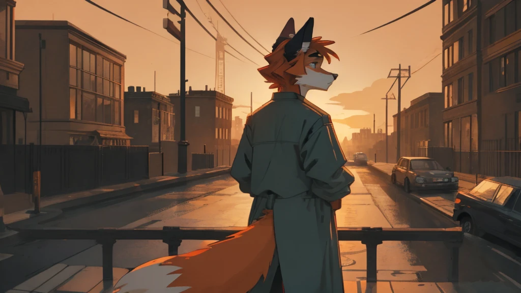 The streets of London in the twentieth century，juvenile，boy，Orange fox，windbreaker，Sunset，Details of the background，Look back at the camera