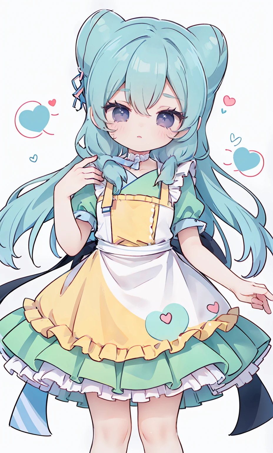 masterpiece, best quality, high resolution, aabeta, double, white simple background, standing, slim waist, cute, {{{{{pastel blue fluffy puffy dress, (white apron )}}}}}, (PastelColors: 1.3)