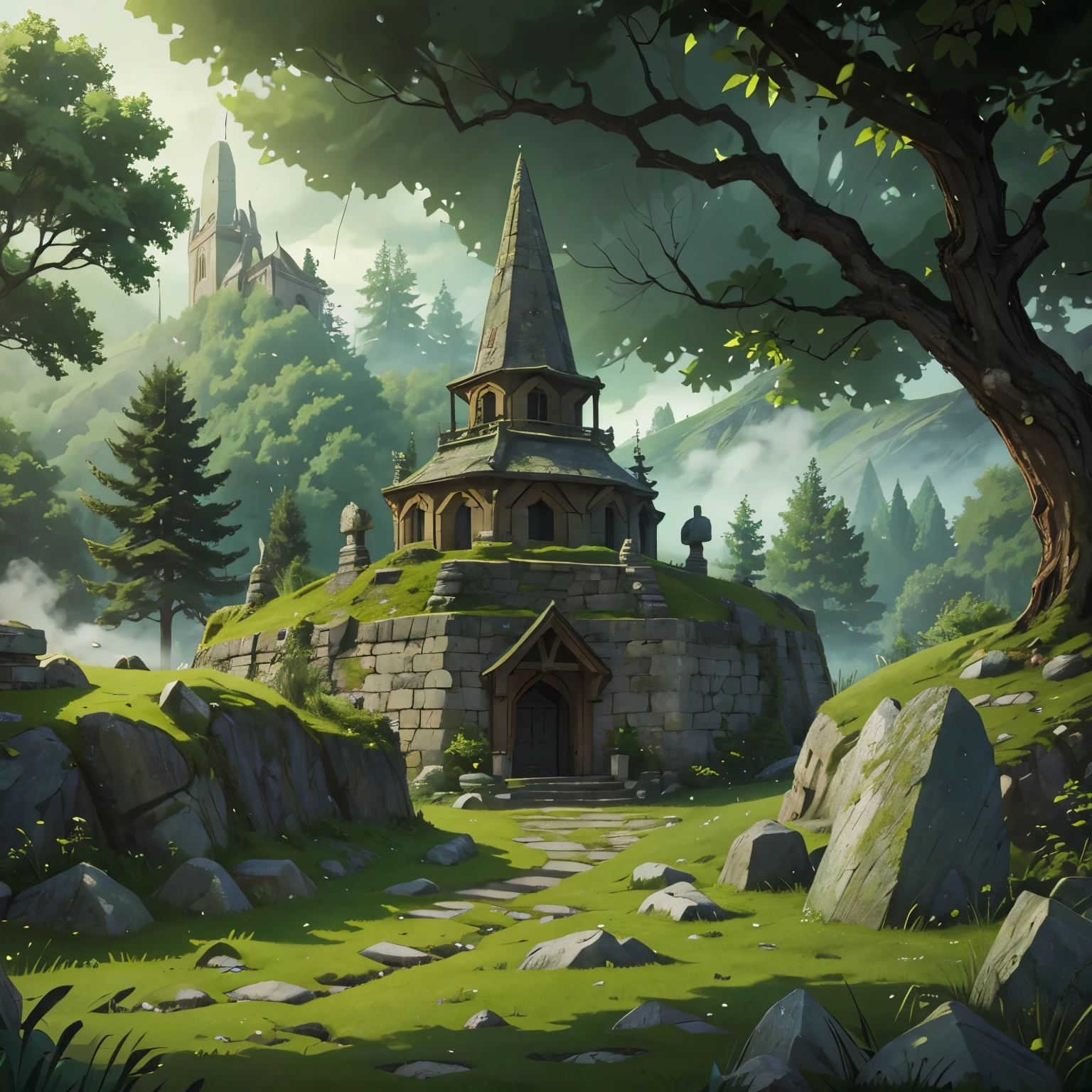 contemporary landscape, medieval village, stone building, stone temple in middle, viking burial mound, cracked stones, green foliage, green bushes, green grass, green moss, forest, smoke, mist, mysterious atmosphere, lone wonderer, flapping cloak