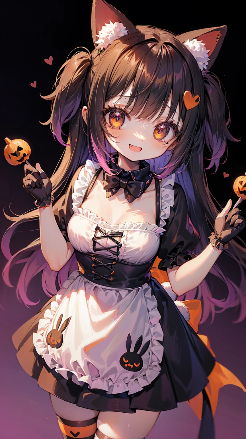 tema do dia das bruxas, "kawaii, Garota coelhinha de laranja fofa com um sorriso fofo mostrando os dentes e segurando um doce de Halloween, para estabelecer, Garota adorável de laranja, neon laranja preto, e esquema de cores limão bebê. Ela usa roupas com tema de Halloween. A roupa dela é fofa e macia, Com acessórios de decoração como grampos de cabelo. Ela incorpora um estilo de moda Harajuku vibrante e moderno."