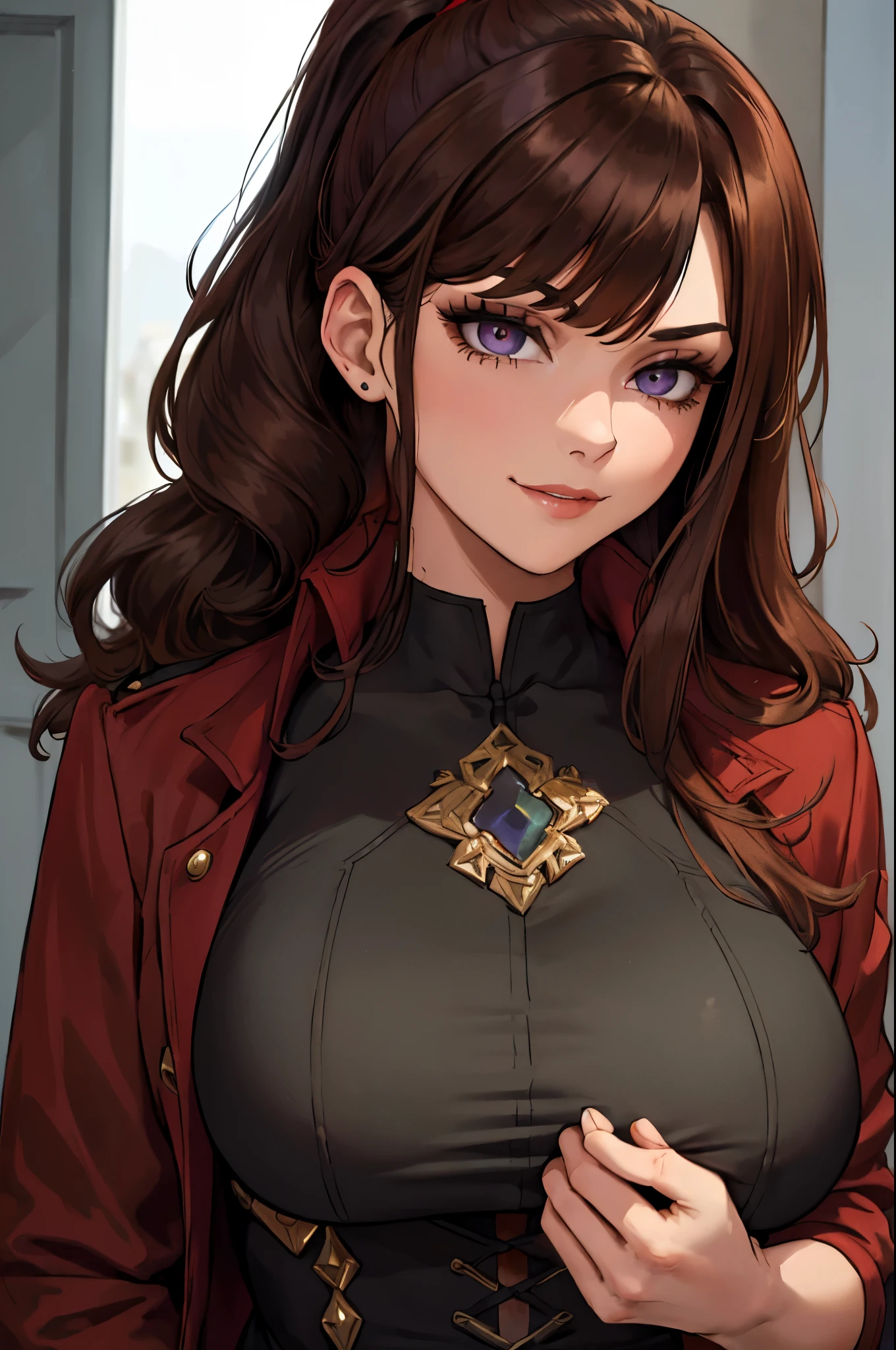 ((masterpiece)), ((best quality)), 1girl, adult, long hair, big bust, ((brown hair)), ((intimidant look)), ((close-up)), profile image, black and red clothes, sexy, dark colors, ((coat with fur)), ((wavy hair)), exposed skin, ((sexy pose)), good anatomy, ((dark sage clothes)), ((straight cut bangs)), emotionless, intimidant, ((beautiful eyes)), dark background, close up, ((detailed eyes)), ((detailed face)), hair bang, frontal look, relaxed, smile, queen, ponytail, violet eyes