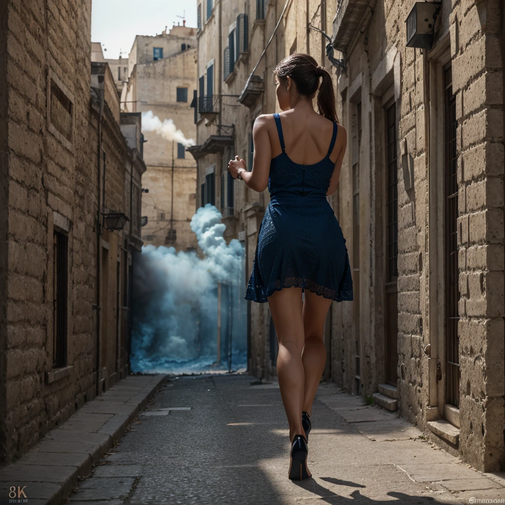 (1woman, full body), a woman is running, woman escapes, (solo woman:1.3), lady wearing a long lacy torn electric blue dress, wind rises her long skirt showing perfect buttocks. she turns her Beautiful face to the viewer, handbag in her hand, realistic hands, high-heels. She runs down Matera streets. sassi_di_matera, tuff walls. City landscape. She escapes from fire and smoke, Beautiful perfect worried face. Closed eyes, cying, slightly open mouth, smooth skin, real pores, (windyupskirt), back view, (woman is running:1.5), best quality, fine details, {{masterpiece, best quality, extremely detailed CG, unity 8k wallpaper, cinematic lighting, lens flare}}. ((extreme detail)), (ultra-detailed), best quality, ultra high res, (8k, RAW photo, masterpiece, realistic, photorealistic:1.4), 8k uhd, dslr, absurdres, ray tracing, high quality texture, intricate details, detailed texture, finely detailed. Dramatic dark lights, night illumination, skirtlift, she is alone in terrific place, fear, low angle
