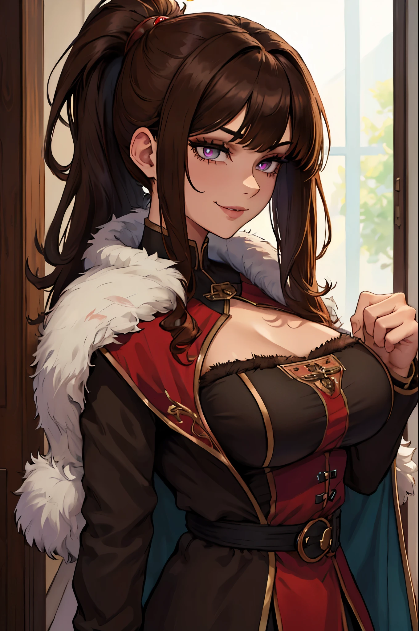 ((masterpiece)), ((best quality)), 1girl, adult, long hair, big bust, ((brown hair)), ((intimidant look)), ((close-up)), profile image, black and red clothes, sexy, dark colors, ((coat with fur)), ((wavy hair)), exposed skin, ((sexy pose)), good anatomy, ((dark sage clothes)), ((straight cut bangs)), emotionless, intimidant, ((beautiful eyes)), dark background, close up, ((detailed eyes)), ((detailed face)), hair bang, frontal look, relaxed, smile, queen, ponytail, violet eyes