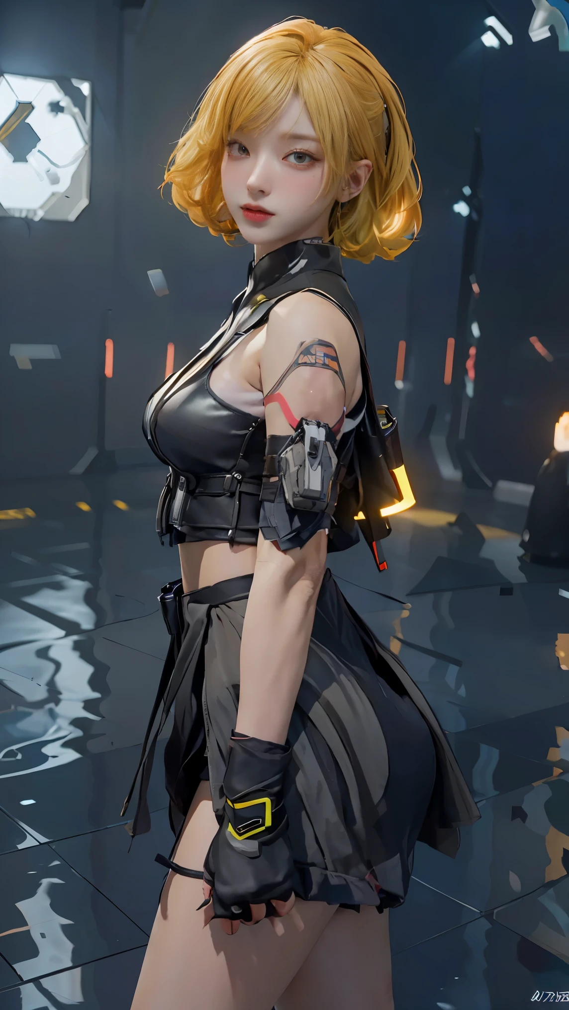 ((Best quality)), ((masterpiece)), (detailed:1.4), 3D, an image of a beautiful cyberpunk female, short yellow hair, red eyeys,HDR (High Dynamic Range),Ray Tracing,NVIDIA RTX,Super-Resolution,Unreal 5,Subsurface scattering,PBR Texturing,Post-processing,Anisotropic Filtering,Depth-of-field,Maximum clarity and sharpness,Multi-layered textures,Albedo and Specular maps,Surface shading,Accurate simulation of light-material interaction,Perfect proportions,Octane Render,Two-tone lighting,Wide aperture,Low ISO,White balance,Rule of thirds,8K RAW,