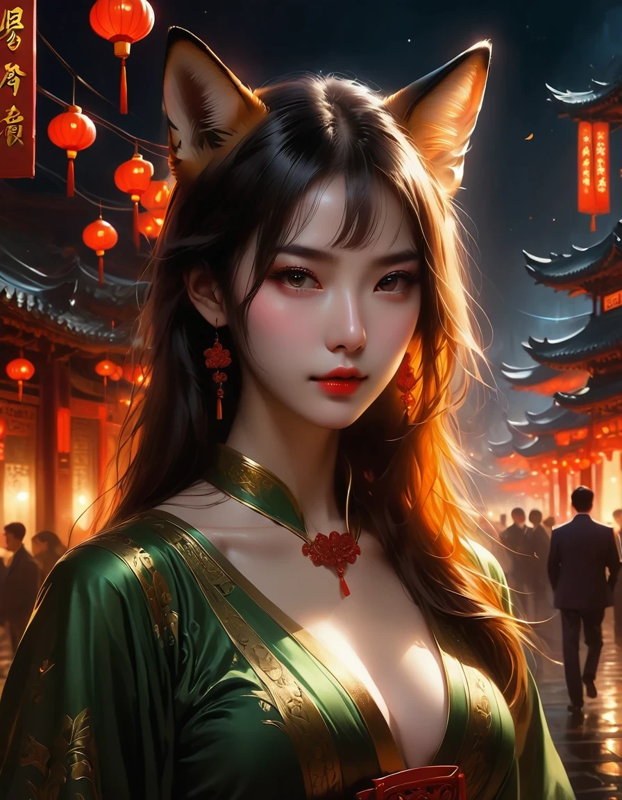 ((best quality, 8K, masterpiece: 1.3)), 1 girl, fox-like slim，Comes with 9 syrups，In the dark night with burning gold，Ambient lighting and gloomy lights of Chinese city focus on girl，and has light and shadow effects caused by lighting halos.