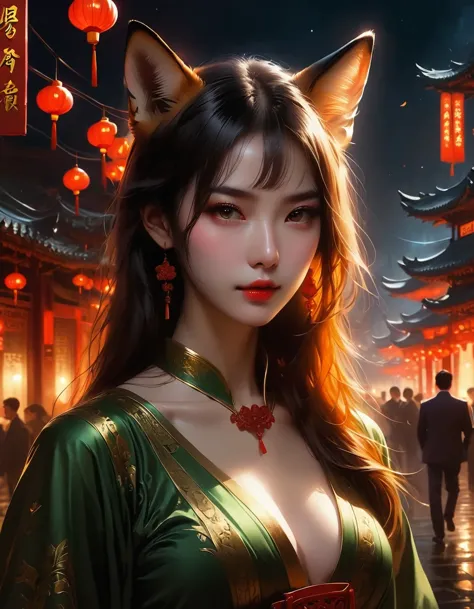 ((best quality, 8k, masterpiece: 1.3)), 1 girl, fox-like slim，comes with 9 syrups，in the dark night with burning gold，ambient li...