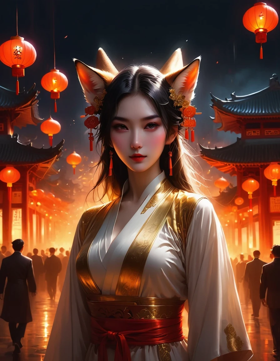 ((best quality, 8K, masterpiece: 1.3)), 1 girl, fox-like slim，Comes with 9 syrups，In the dark night with burning gold，Ambient lighting and gloomy lights of Chinese city focus on girl，and has light and shadow effects caused by lighting halos.