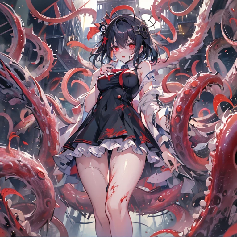 masterpiece, best quality, masterpiece,best quality,official art,extremely detailed CG unity 8k wallpaper, show foot, little girl, solo, kawaii, no_humans, medium hair, black hair, tentacle hair, saliva, blood on face, light blush, red eyes, blood from eyes, large breasts, hanging breasts, one breast out, seifuku, black pantyhose, uwabaki, tentacle, vore, bdsm, girl_on_top, sex, femdom, facesitting, pussy_juice, female_ejaculation, cum, zombie  girl ，one girl one boy，