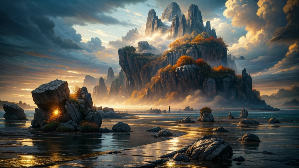 (masterpiece, best quality:1.2), Super details, movie lighting, high dynamic range, illustration, huge rocks serve as habitats in the sea, floating island, Fall, pumice, cloud, fog, rich and colorful, Woman traveling, mystery, Very detailed, high contrast, golden ratio composition, Epic views, masterpiece