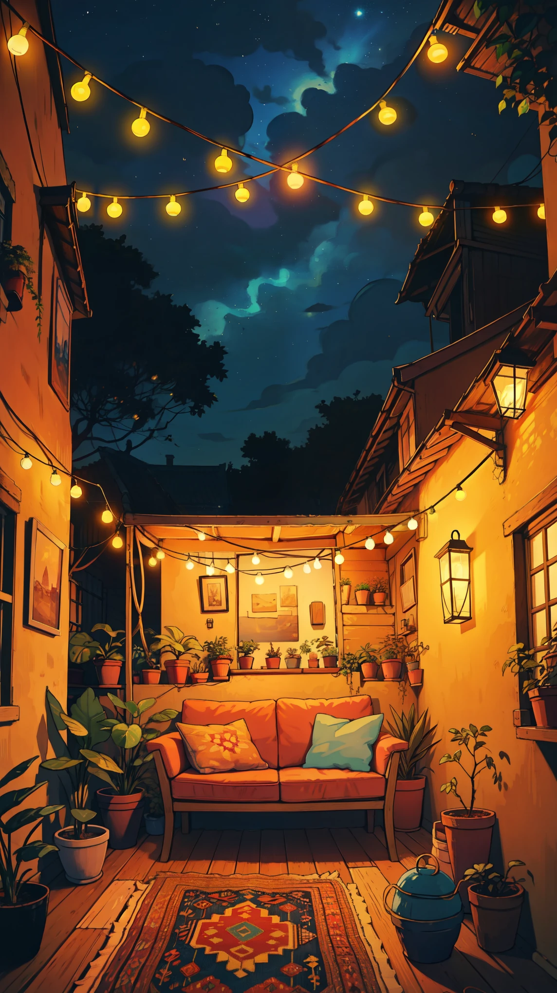 wide view, cozy terrace, sofa, orange string lights, leafy tropical plant pots, gypsy aesthetics, starry pink blue sky, earthy tones, colorful string lights, guitar, shed, boho carpet, decorations, cozy atmosphere, night time, micro landscape, intrinsic details