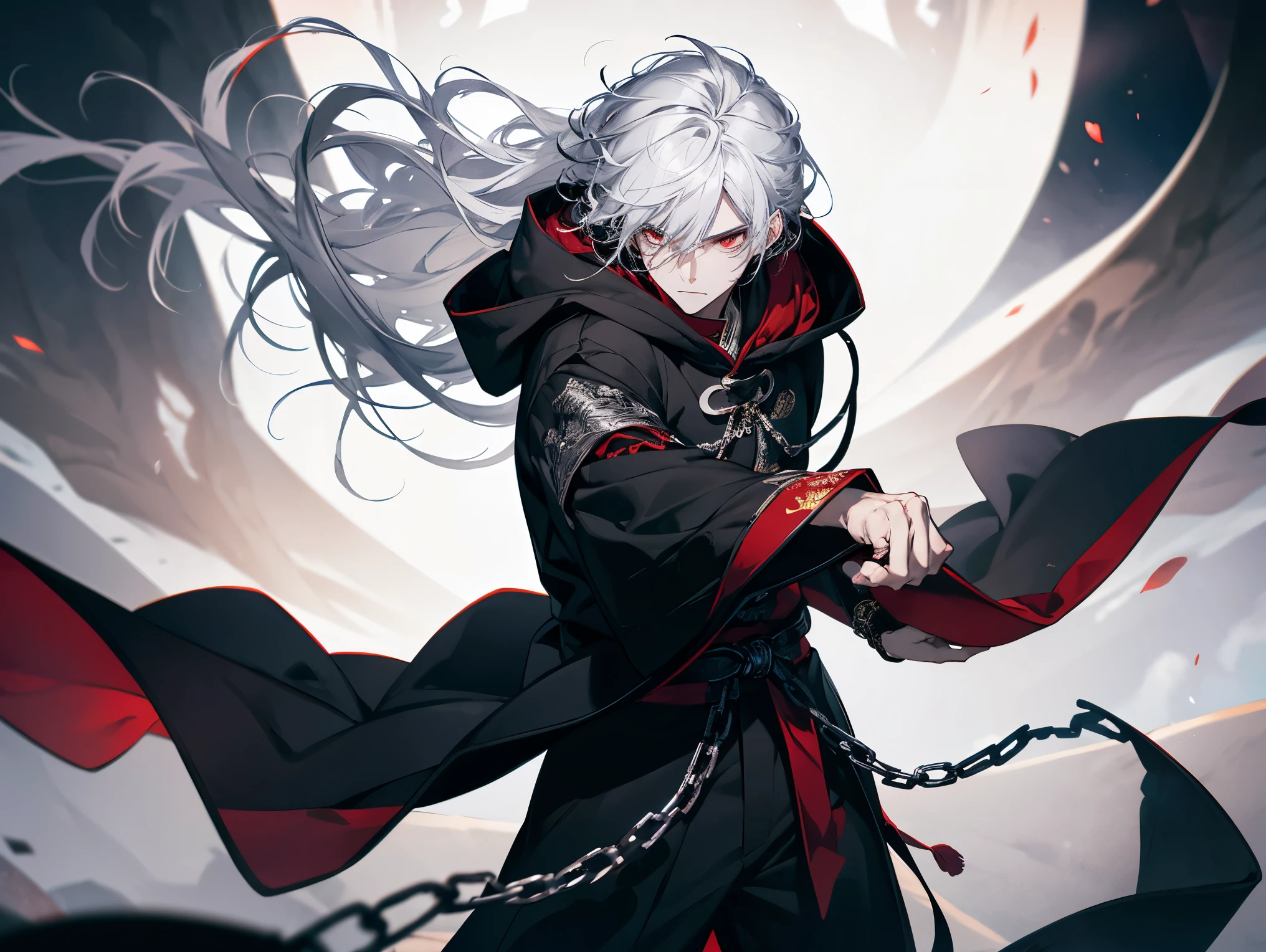 1 male, teacher, wearing a white and black robe, wearing a hood, rolled up sleeves, black long pants, white hair, long hair, face to detail, detailed eyes, red eyes, hood, the background is space in china. In a fighting position. Silver chains everywhere. God,