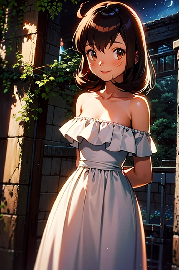 masterpiece, best quality, ultra-detailed, illustration, beautiful detailed eyes, very detailed illustration, cinematic lighting, 1 girl, solo, Pokemon Heroes (Bianca), Brown Hair, brown eyes, bare shoulders, strapless, off shoulders, white ruffle off the shoulder maxi dress, intricate details, sharp focus, high resolution, the background of beautiful garden with a forest of flowers, on a beautiful night, crescent moon, smile, standing near a big lake, arms behind back, anime style, ultra-detailed, hdr, far at the bottom, in the center, Close up
