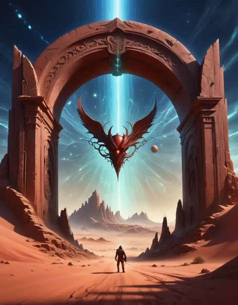 landscape, a piece of scorched earth, red clay, dimensional gate, demonic energy, web portals (purpose), giant arch with statue,...