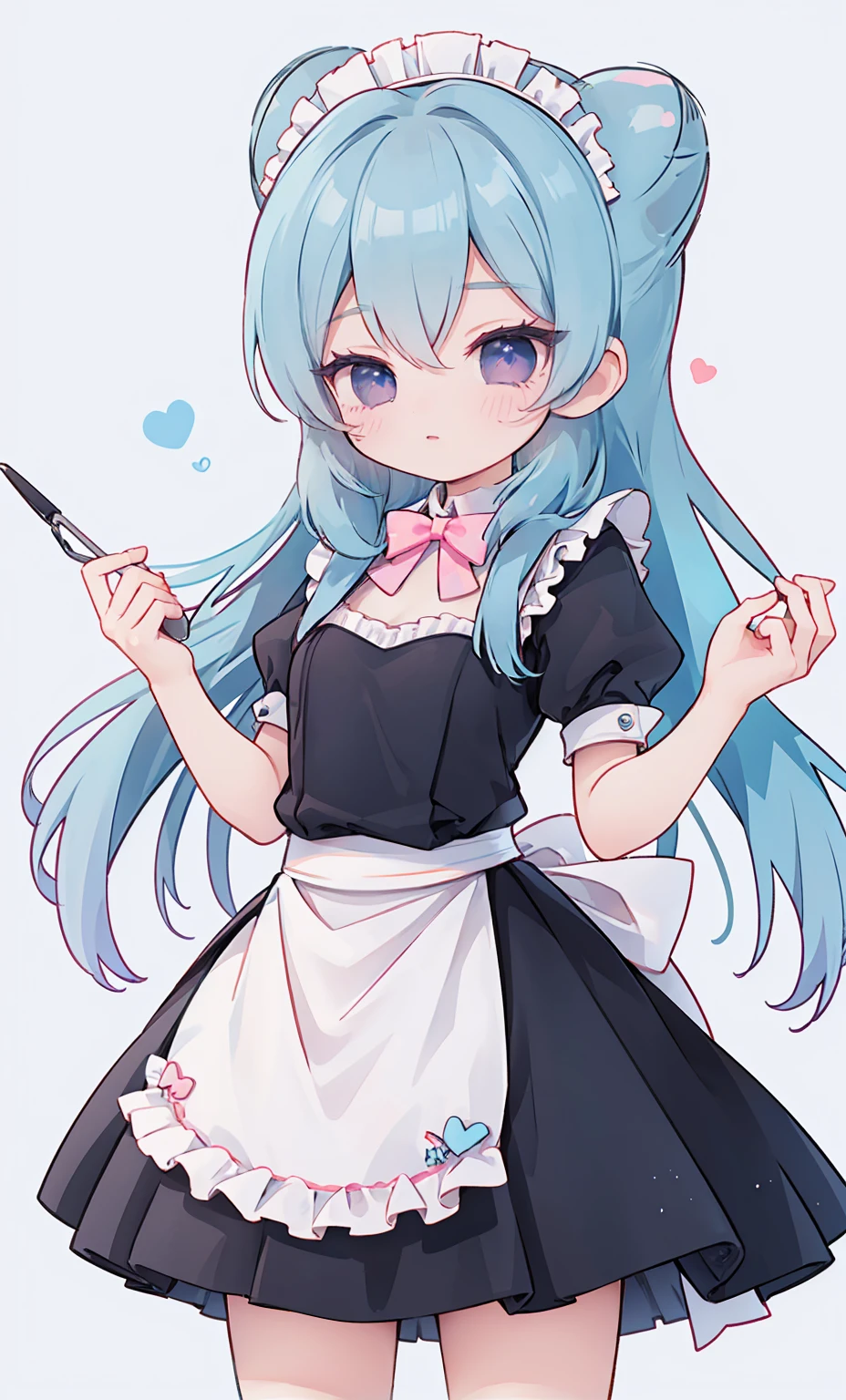 masterpiece, best quality, high resolution, aabeta, double, white simple background, standing, slim waist, cute, maid uniform, pink bow tie, (((blue))) skirt, (PastelColors: 1.3)