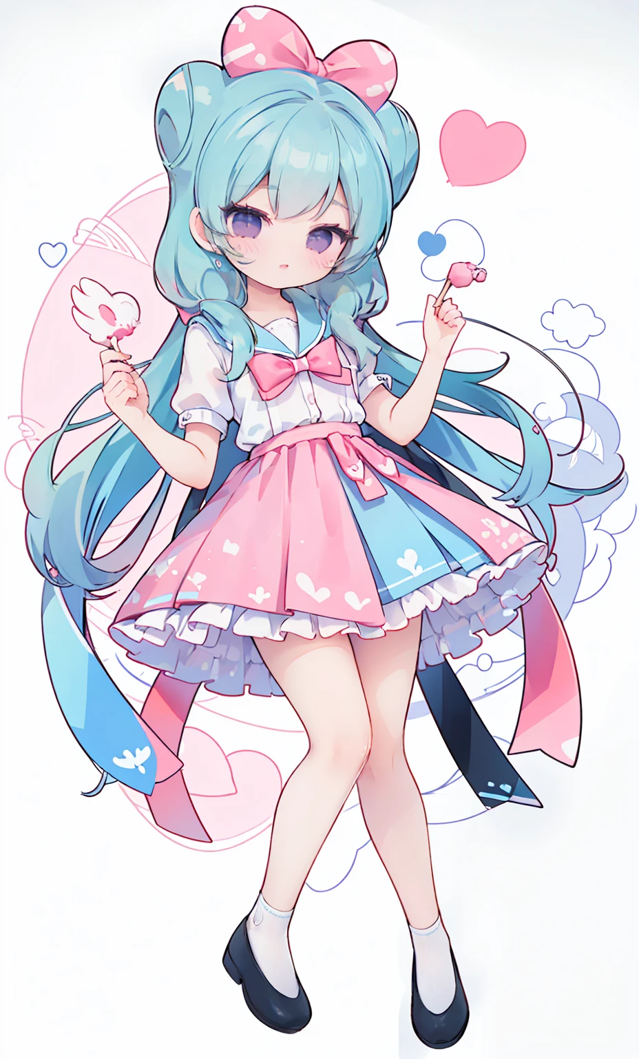 masterpiece, best quality, high resolution, aabeta, double, white simple background, standing, slim waist, cute, sailor uniform, pink bow tie, blue skirt, (PastelColors: 1.3), full body