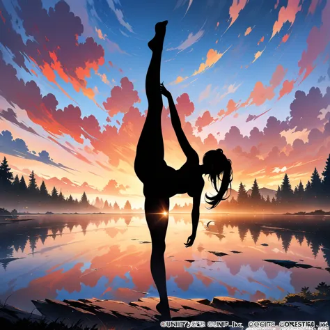 (masterpiece, best quality:1.2), 1girl, solo,standing_split, 
Silhouette Art of 1girl, multiple exposure, sunset, enhance, intri...