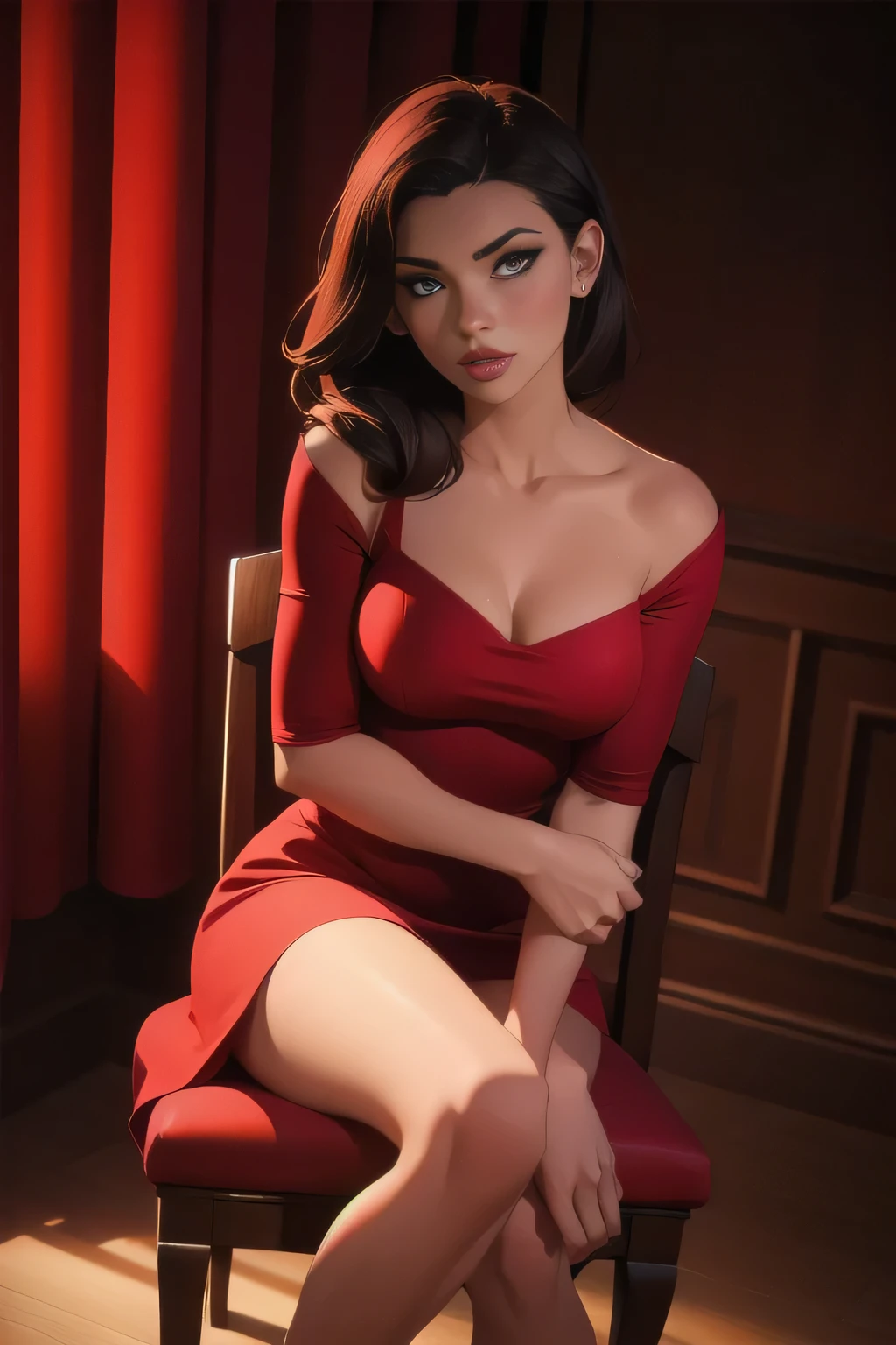 Young เซ็กซี่ woman wearing a red dress sitting on a chair, แสงสลัว, เซ็กซี่, ร้อน, ตัณหา