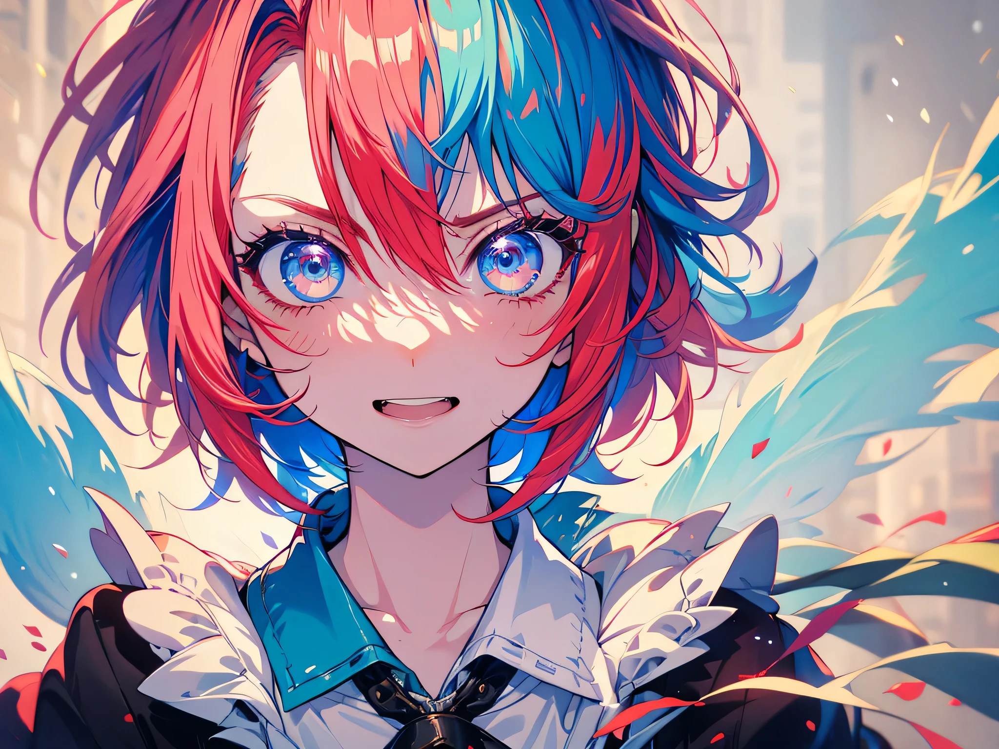 graffiti face, colorful eyes, open your mouth, yandere expression, smile, look at the audience, I can&#39;t see my hands, pastel colour, thought, ask for help、red hair、short hair、bob hair、sharp eyes、No expression、angry face、hair between eyes