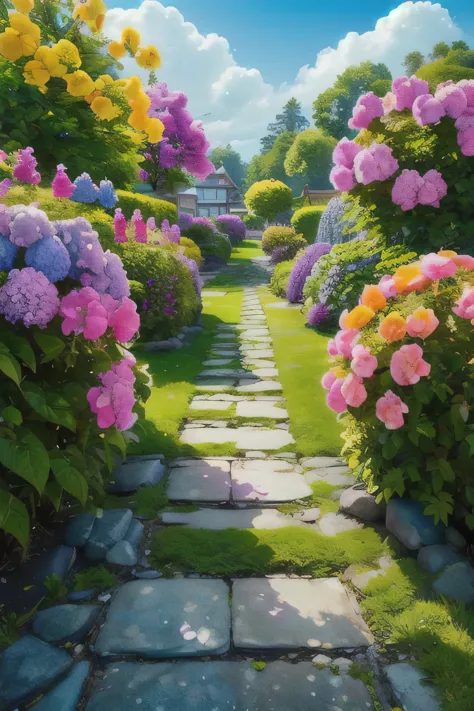 (realistic:1.5) bright colors、Blue hydrangea、Fairytale Landscape, scenery, null, hydrangea, purple flowers, sign, garden, green ...