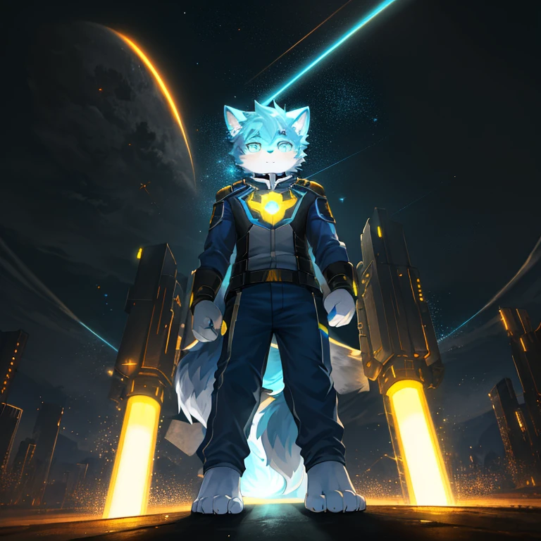 "(High quality sci-fi landscapes and shadows，Ray traching，Particle effect，8K resolution)，(Cat-eared Shota boy and oversized wolf tail+Large long ears)'s(White luminous pants+The fur is white+Yellow and blue tricolor glowing clothes)，Wearing a futuristic sci-fi naval battle command uniform，Casque spatial， foot，It exudes a mysterious and heroic cute temperament。"