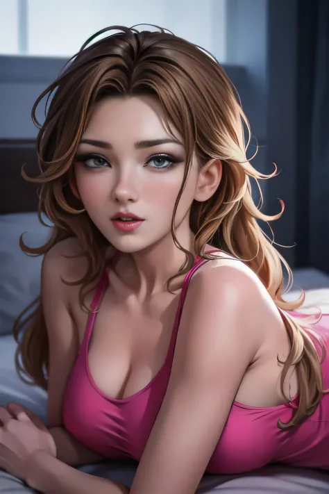 Young sexy woman, crush, casual clothes, long wavy messy hair, lying seductively on bed, intense seductive gaze, night time