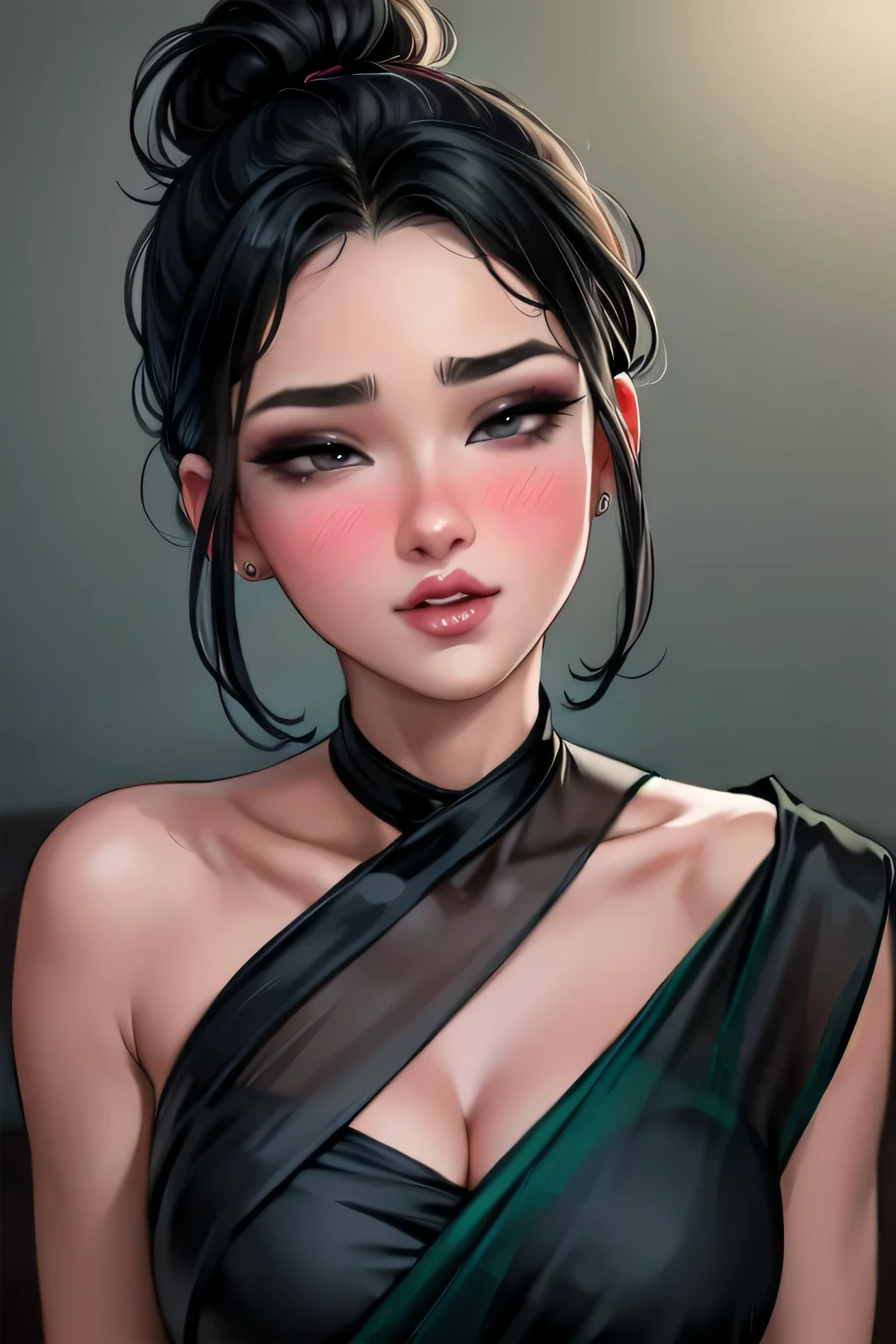 Sexy woman, black hair tied in a messy bun, amazing makeup, blushing intensely, flustered, lustful, perfect lips parted, black blouse, sheer dark green saree, hot