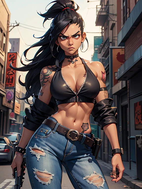 urban heroine, badgirl (badass) long and rebellious hair, ear piercing, angry look, athletic body, dark skin (with scars) tattoos (yakuza style) V-neck denim jacket (ripped sleeves) over top blouse (straight-fitting) jeans stylized (tight) large buckle (cowboy style) high boots (military style) sensual pose, armed with an AK-47, Bowie knife and pistol in a holster (attached to the waist) (cinematic scene) (urban chaos) (anime action) (masterpiece) dynamic front view,