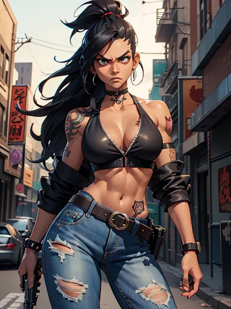 urban heroine, badgirl (badass) long and rebellious hair, ear piercing, angry look, athletic body, dark skin (with scars) tattoo...