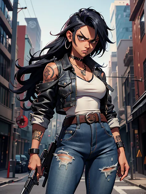 urban heroine, badgirl (badass) long and rebellious hair, ear piercing, angry look, athletic body, dark skin (with scars) tattoo...