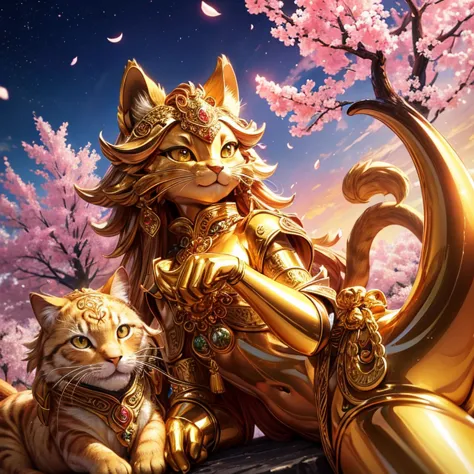 Close-up of a golden cat statue on a light background, its golden aura radiant and shining, clad in intricately detailed golden ...