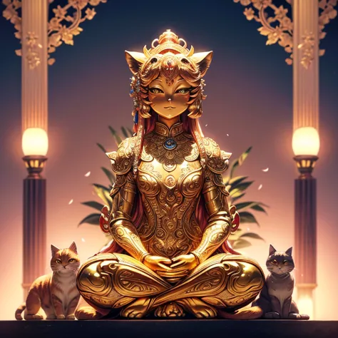 Close-up of a golden cat statue on a light background, its golden aura radiant and shining, clad in intricately detailed golden ...