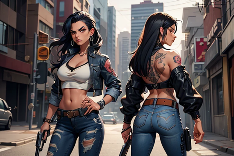 urban heroine, badgirl (badass) long and rebellious hair, ear piercing, angry look, athletic body, dark skin (with scars) tattoos (yakuza style) V-neck denim jacket (ripped sleeves) over top blouse (straight-fitting) jeans stylized (tight) large buckle (cowboy style) high boots (military style) sensual pose, armed with an AK-47, Bowie knife and pistol in a holster (attached to the waist) (cinematic scene) (urban chaos) (anime action) (masterpiece) dynamic front view,