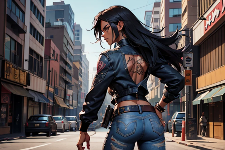 urban heroine, badgirl (badass) long and rebellious hair, ear piercing, angry look, athletic body, dark skin (with scars) tattoos (yakuza style) V-neck denim jacket (ripped sleeves) over top blouse (straight-fitting) jeans stylized (tight) large buckle (cowboy style) high boots (military style) sensual pose, armed with an AK-47, Bowie knife and pistol in a holster (attached to the waist) (cinematic scene) (urban chaos) (anime action) (masterpiece) dynamic front view,