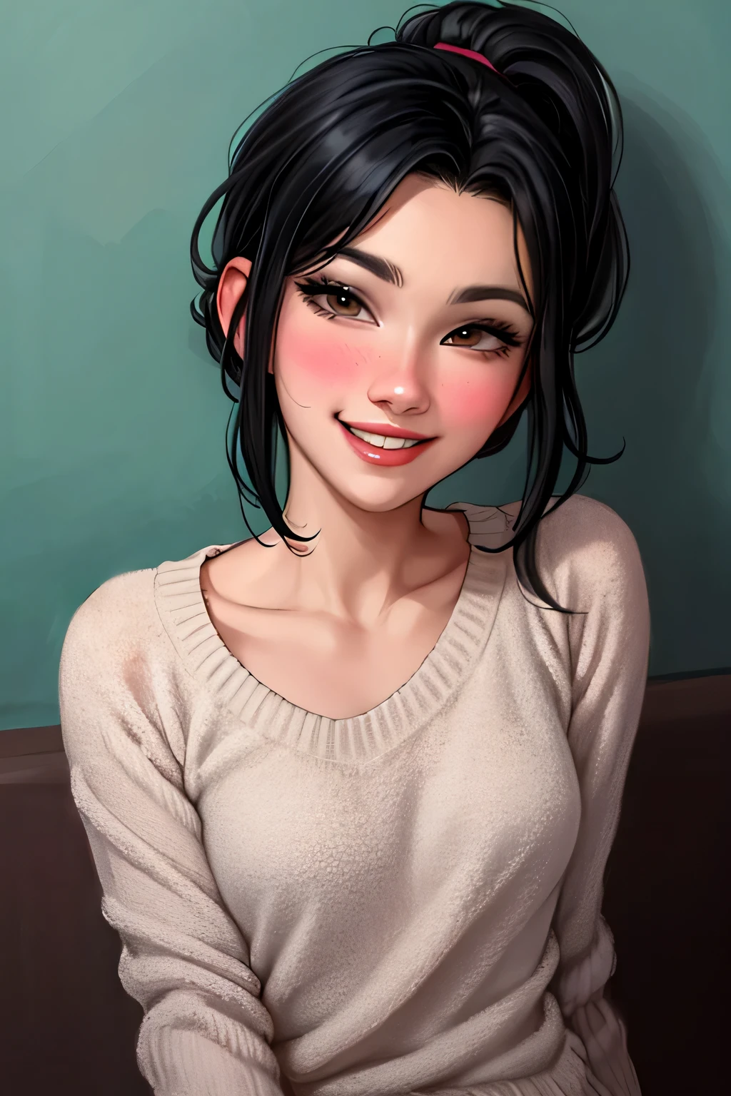 Amazing portrait of a sexy woman wearing her luscious black hair in a cute ponytail, seductively gazing and smiling, soft lips, parted, blushing intensely, smiling, dark green sweater, cream cargo pants, medium chest, perfect body