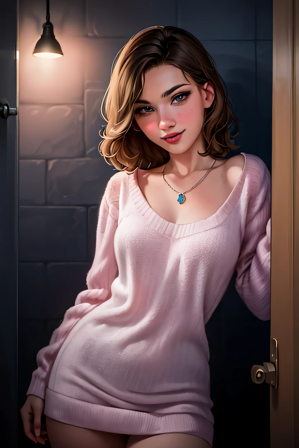 ((Night, Realistic Light, Best Quality, 8K, Masterpiece: 1.3)), 1girl, Slim Beauty: 1.4, (Brown hair, Medium breasts: 1.3), Long pink sweater: 1.1, Bathroom, Super fine face, Delicate eyes, Double eyelids, smile, necklace