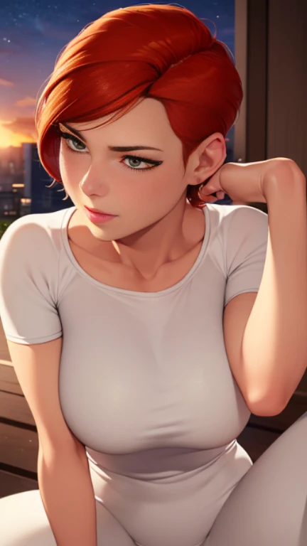 ((ultra quality)), ((tmasterpiece)), Gwen Tennyson, ((Red, extremely short hair)) (Beautiful cute face), (beautiful female lips), Charming, ((aroused expression)), looks at the camera with a gentle smile, eyes are slightly closed, (skin color white), Body glare, ((detailed beautiful female eyes)), ((dark green eyes)), (juicy female lips), (beautiful female hands), ((perfect female figure)), perfect female body, Beautiful waist, gorgeous big thighs, beautiful breasts, ((Subtle and beautiful)), seductively worth it, (closeup face), (Gwen clothes, White pants, white T-shirt blue sleeves) background: city park, Beautiful sunset, ((Depth of field)), ((high quality clear image)), (crisp details), ((higly detailed)), Realistic, Professional Photo Session, ((Clear Focus)), the anime