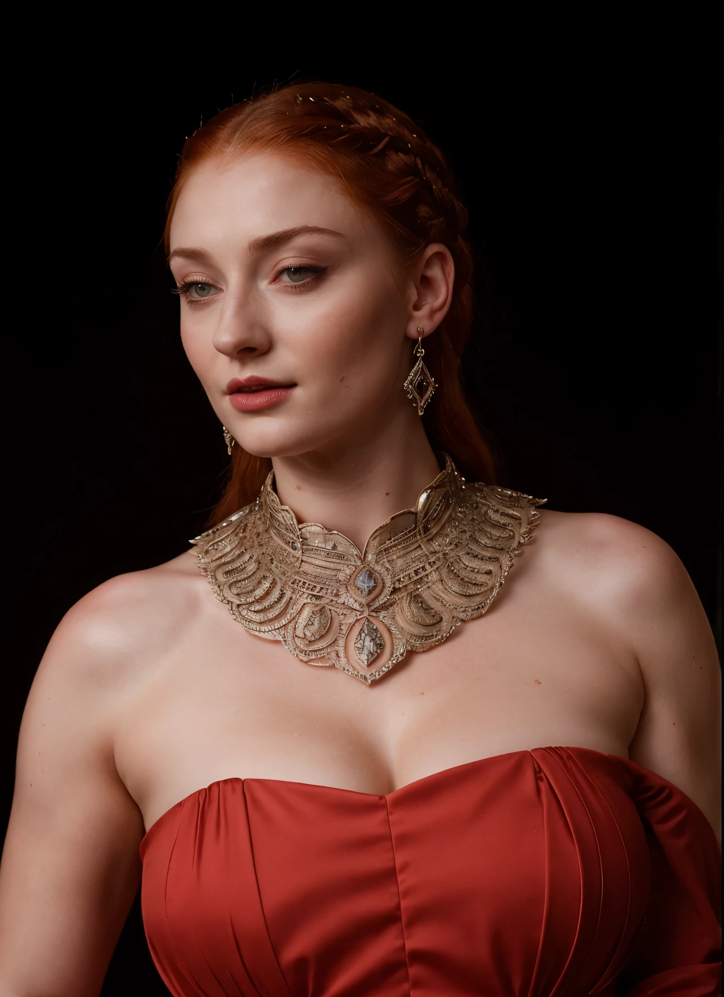 索菲·特纳的脸, 珊莎·史塔克（Sansa Stark） 饰演者：索菲·特纳, 事实上的鹰巢城夫人, 是一位40岁的成熟女王，有着令人惊叹的, 诱人的外观. 整个脸, 刺穿眼睛, 红唇, 上身拍摄, 中世纪情色服饰, 权力的游戏服装, 她穿着《权力的游戏》风格的服装，乳沟很深, 完美丰满的身材, 和完美的丰满身材. 这张照片是她的特写镜头, 她的皮肤纹理和面部特征极其逼真. 多汁丰满的身材, 高品质皮肤, 皮肤毛孔, 令人惊叹的细节, 
