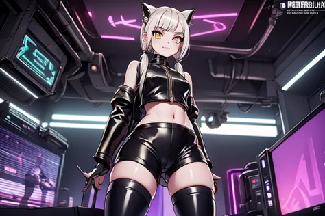 cyberpunk fantasy, android girl (short and cute) yellow eyes, silver hair (twintail) cat ears (with piercings) mischievous smile...