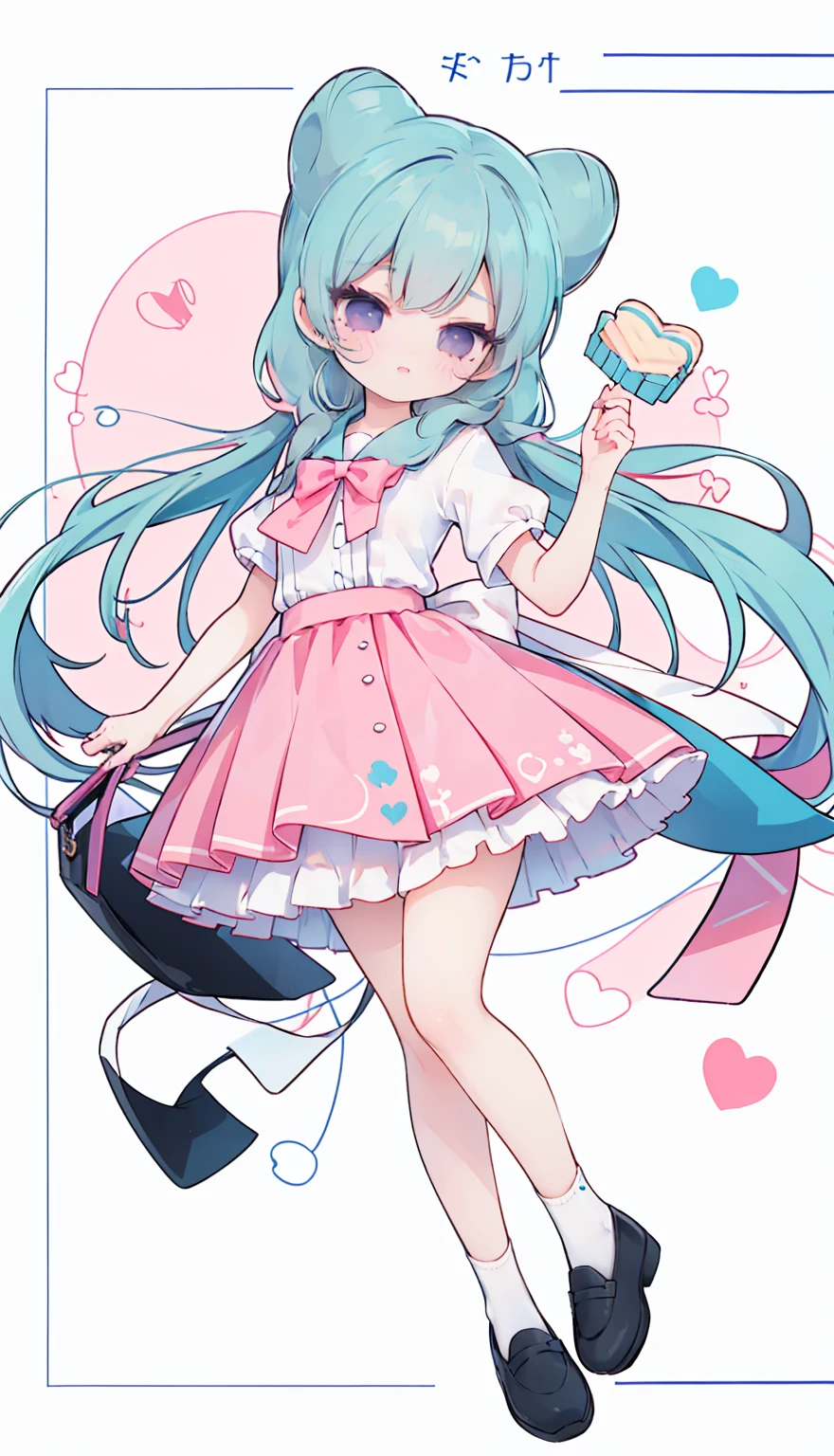 masterpiece, best quality, high resolution, aabeta, double, white simple background, standing, slim waist, cute, sailor uniform, pink bow tie, blue skirt, long socks, (PastelColors: 1.3), full body