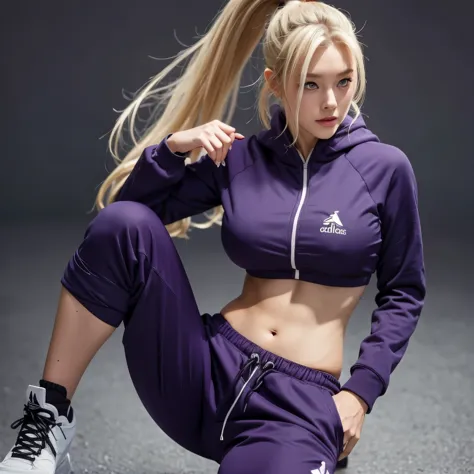 Ino from anime naruto, long hair, blonde hair, ponytail, beautiful woman, beautiful, perfect body, perfect breasts, wears purple Adidas hoodie, black jogger pants, wears white Nike Jordan shoes, looking at viewer, realism, masterpiece, textured skin, super...