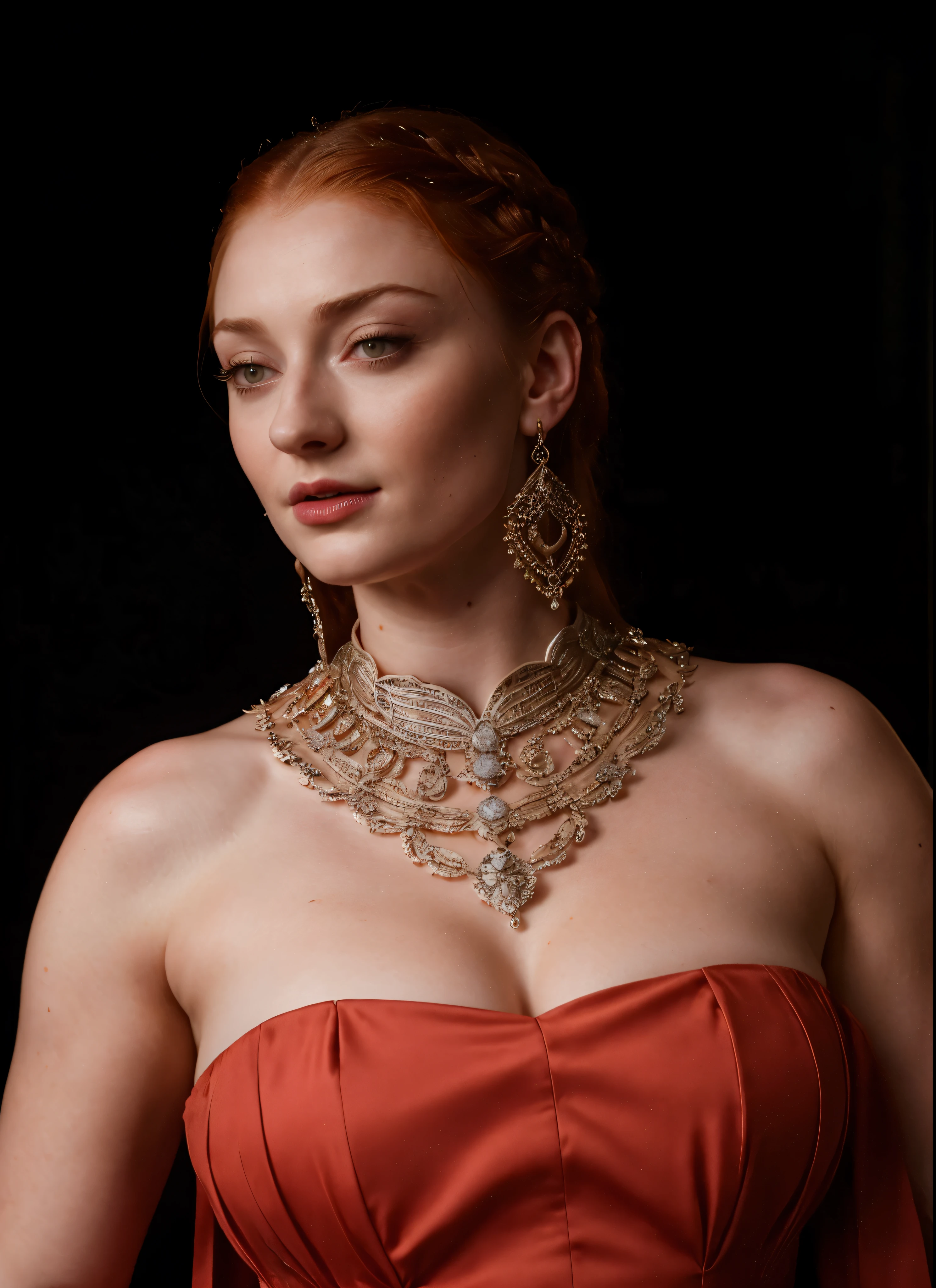 Face of Sophie Turner, Sansa Stark played by Sophie Turner, the de facto Lady of the Eyrie, is a 40-year-old mature queen with a stunning, alluring appearance. Full Face, pierced eyes, reddish lips, upper body shot, erotic Mediaeval costumes, game of thrones costumes, She wears a Game of Thrones-inspired costume and has a deep cleavage, a perfect thick body, and a perfect thick figure. The photograph captures her in a close-up, with her skin texture and facial features being ultra-realistic and realistic. Juicy thick figure, high quality skin, Skin pores, amazing details, 