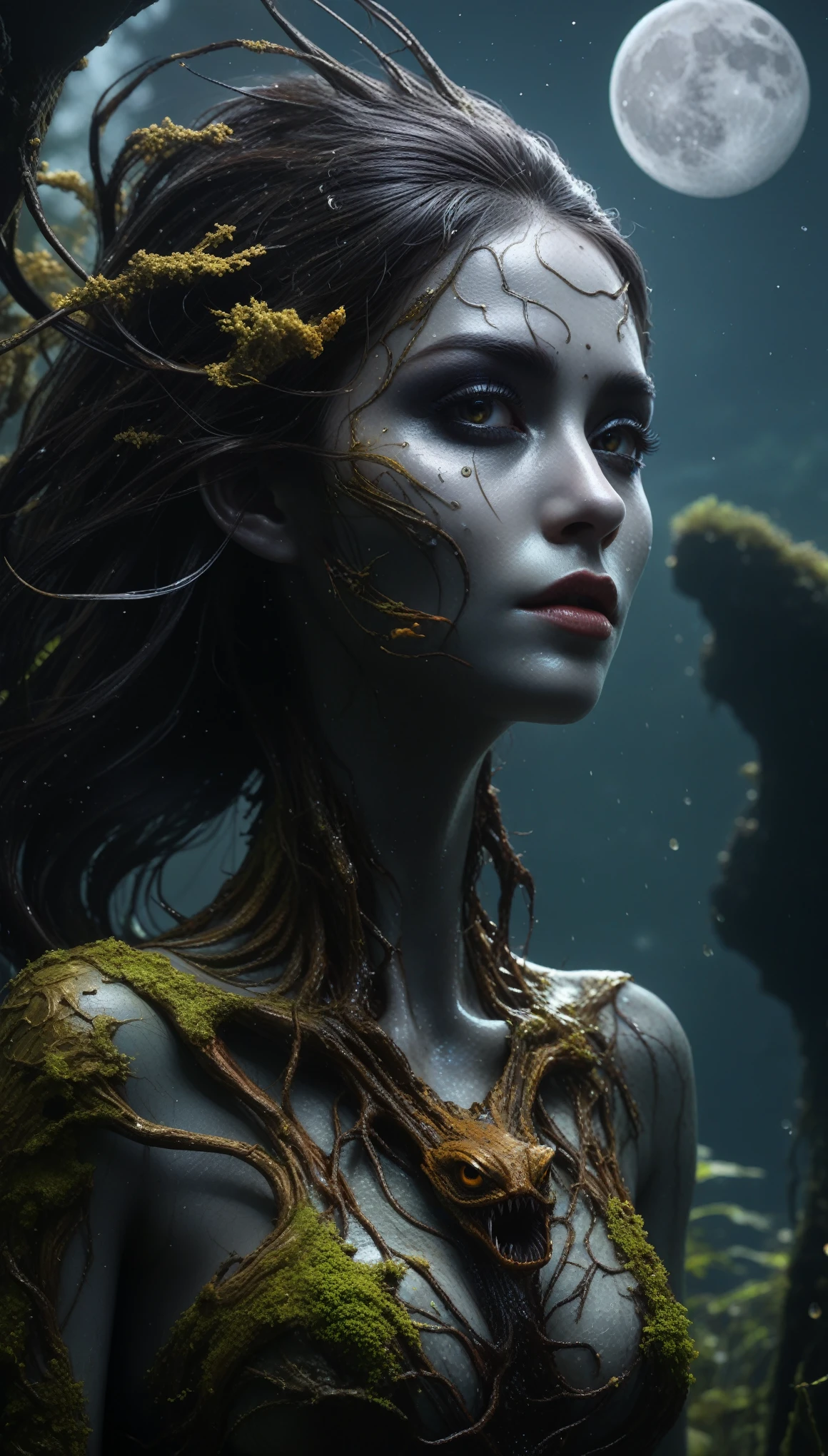 Chalcopyrite Mermaid,moana,golden black make up,longhair,goblin,freckles,pretty face,eyebrow up,full body shot,ominous landscape,glate gray atmosphere,Simon Stalenhag,Nicola Samori,Wangechi Mutu,prime colors,Lisa Frank,city on background,chinesse,pixie,sea,under water,RAW,Retina,full body length,Obsidian Chalsedoon Nightcrawler,ominous landscape, niobium Obsidian atmosphere,dangerous atmosphere,intricate details,realistic humid skin,extremely intricate details,Epic Realistic, cinematic style,film grain,dramatic light,anatomically correct,faded,eyes extremely detailed, high detailed eyes,UHD,Retina,HDR,CinematicTechnicolor,natural skin textures, hyper realism, hyper detailed,High contrast,Realism,Ultra Detailed,irina yermolova,close full body shot, masterpiece,faded,8k resolution,RAW, Nikon Z9,Rakotzbrücke of Germany,(1 terrifying and charismatic monster made from a Cave Swamp tree trunk, have a very pronounced mouth), Branches come out from the head, look at the camera, hypnotic and detailed eyes, built into the tree itself, be confused with them, dark energy, spectrum, very detailed, Natural light, Posthuman, face, neutral, meat, The horror of the universe, alien organic nightmare, fantasy, dream as art, higher resolution,8K,QG, very detailed 8K wallpaper, Complex, high detail, sharp focus, dramatic (full moon), realist, works of art, better quality, space, universe, magic, Complex, very detailed, kind, sharp focus, dramatic lighting, chromatic aberration, Depth of the bounds written, soft lighting, ,tentacles from skull full moon, transmitted by blood, corporal horror