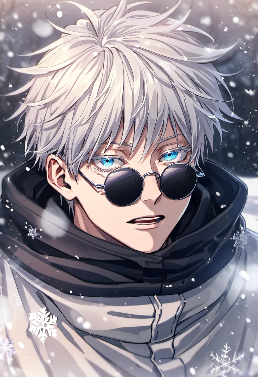 absurdres, highres, ultra detailed, HDR, master piece, best quality, Gojo Satoru, white hair with bangs, round black sunglasses, white eyelashes, expressive blue eyes, 1young man, handsome, Jujutsu Kaisen, snow, snowflakes, snowing