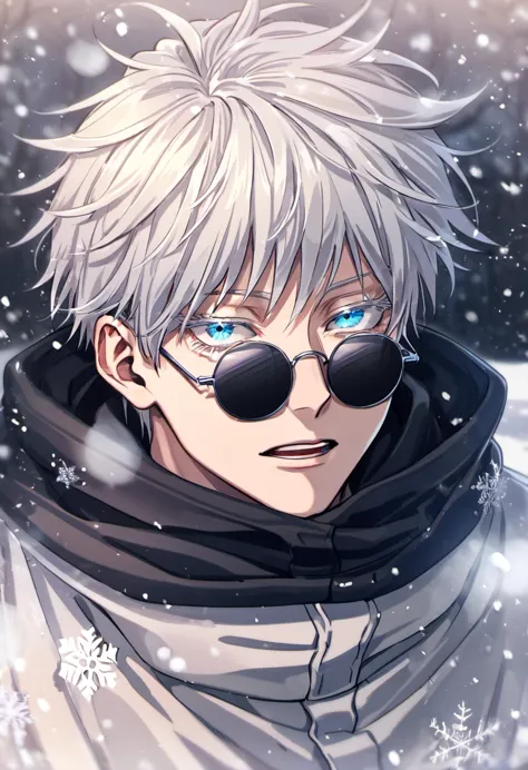absurdres, highres, ultra detailed, HDR, master piece, best quality, Gojo Satoru, white hair with bangs, round black sunglasses,...